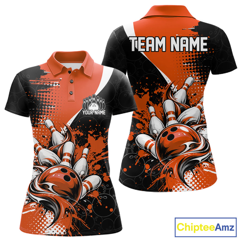 Custom Black And Orange Splatter Bowling Jersey Bowling Tournament Polo Shirt