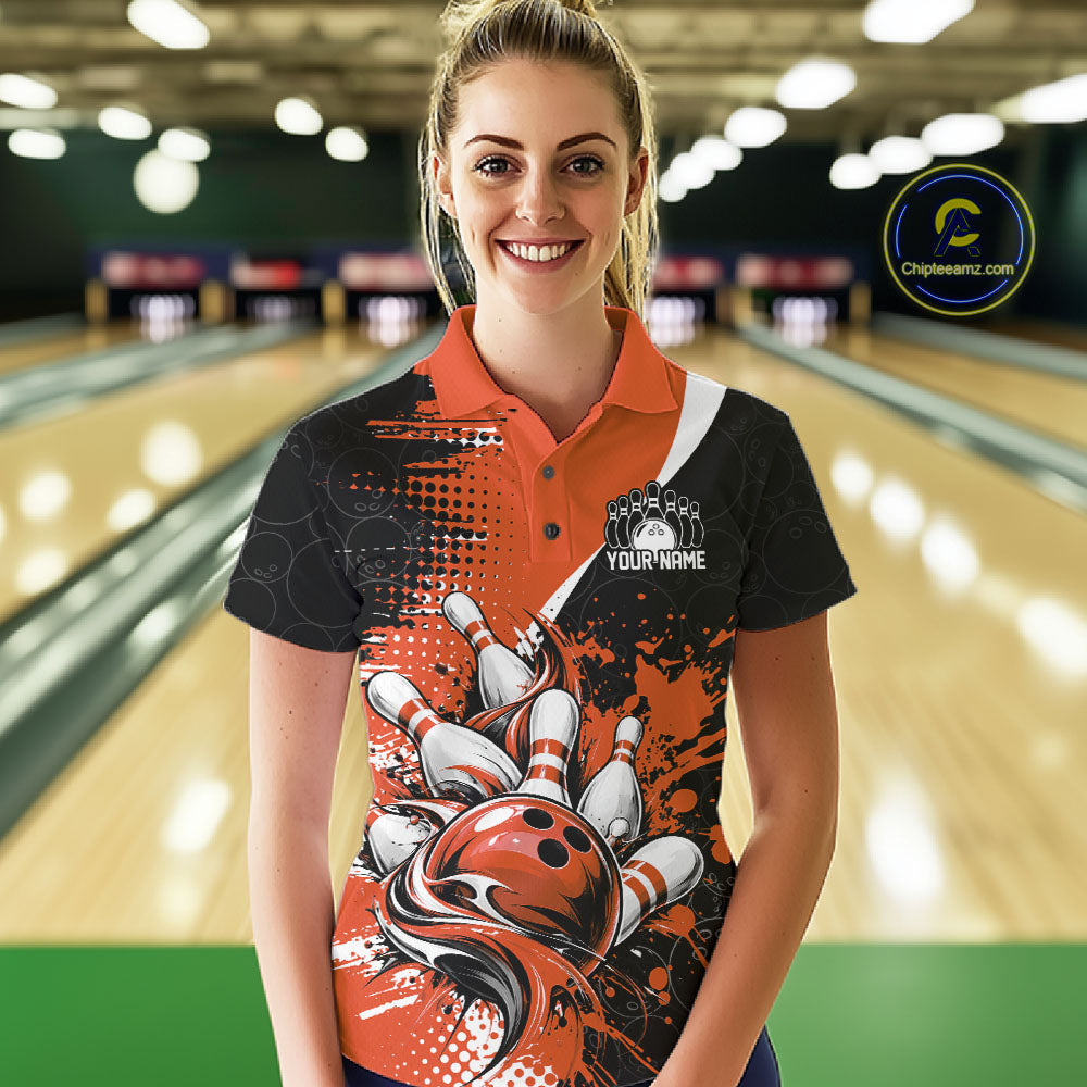 Custom Black And Orange Splatter Bowling Jersey Bowling Tournament Polo Shirt