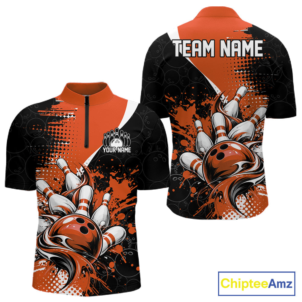 Custom Black And Orange Splatter Bowling Jersey Bowling Tournament Quarter Zip Shirt