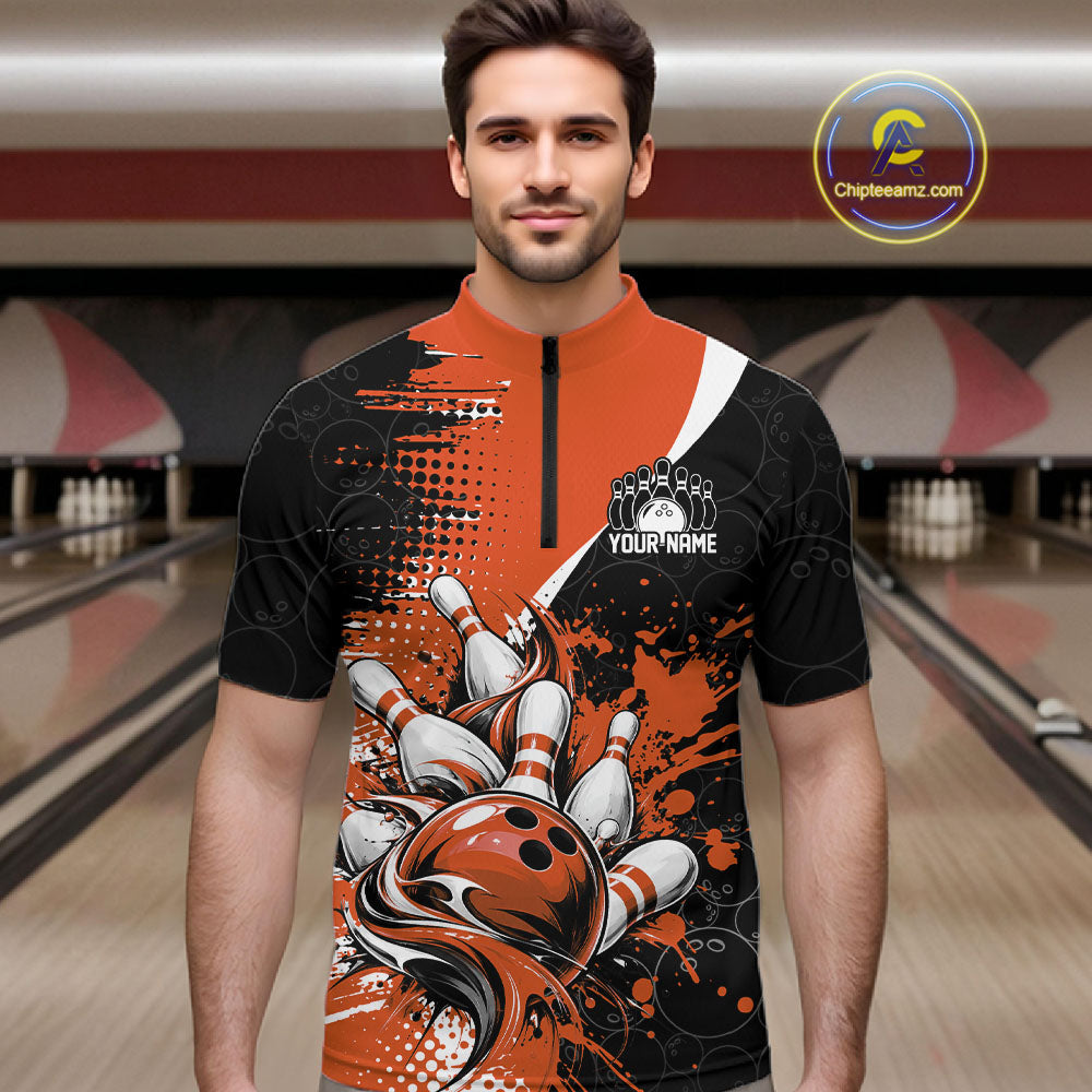 Custom Black And Orange Splatter Bowling Jersey Bowling Tournament Quarter Zip Shirt