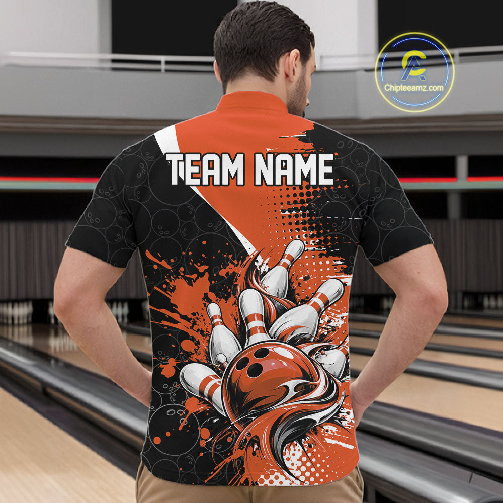 Custom Black And Orange Splatter Bowling Jersey Bowling Tournament Quarter Zip Shirt