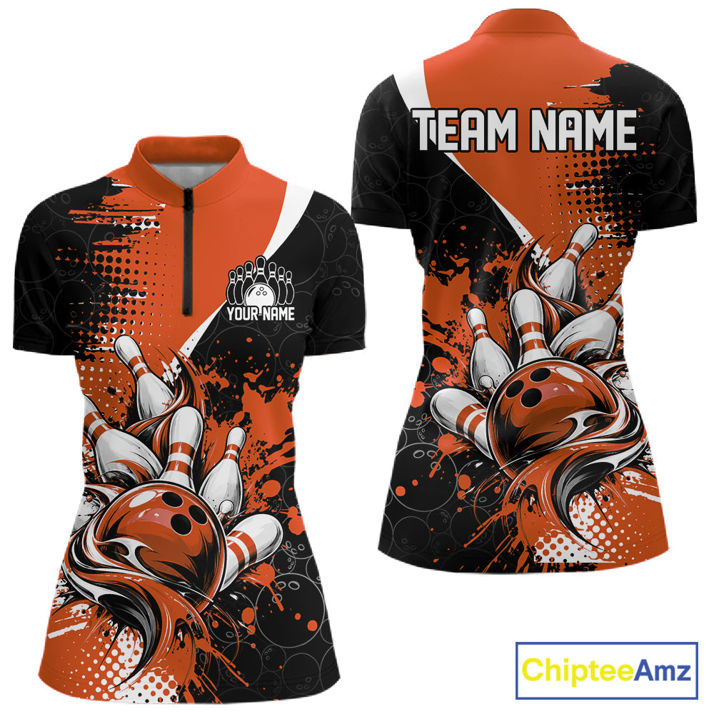 Custom Black Orange Splatter Bowling Jersey Bowling Tournament Quarter-Zip Shirt