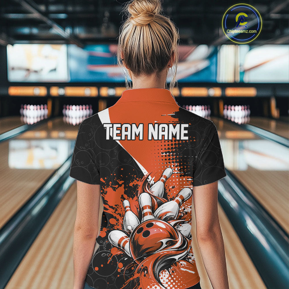 Custom Black Orange Splatter Bowling Jersey Bowling Tournament Quarter-Zip Shirt