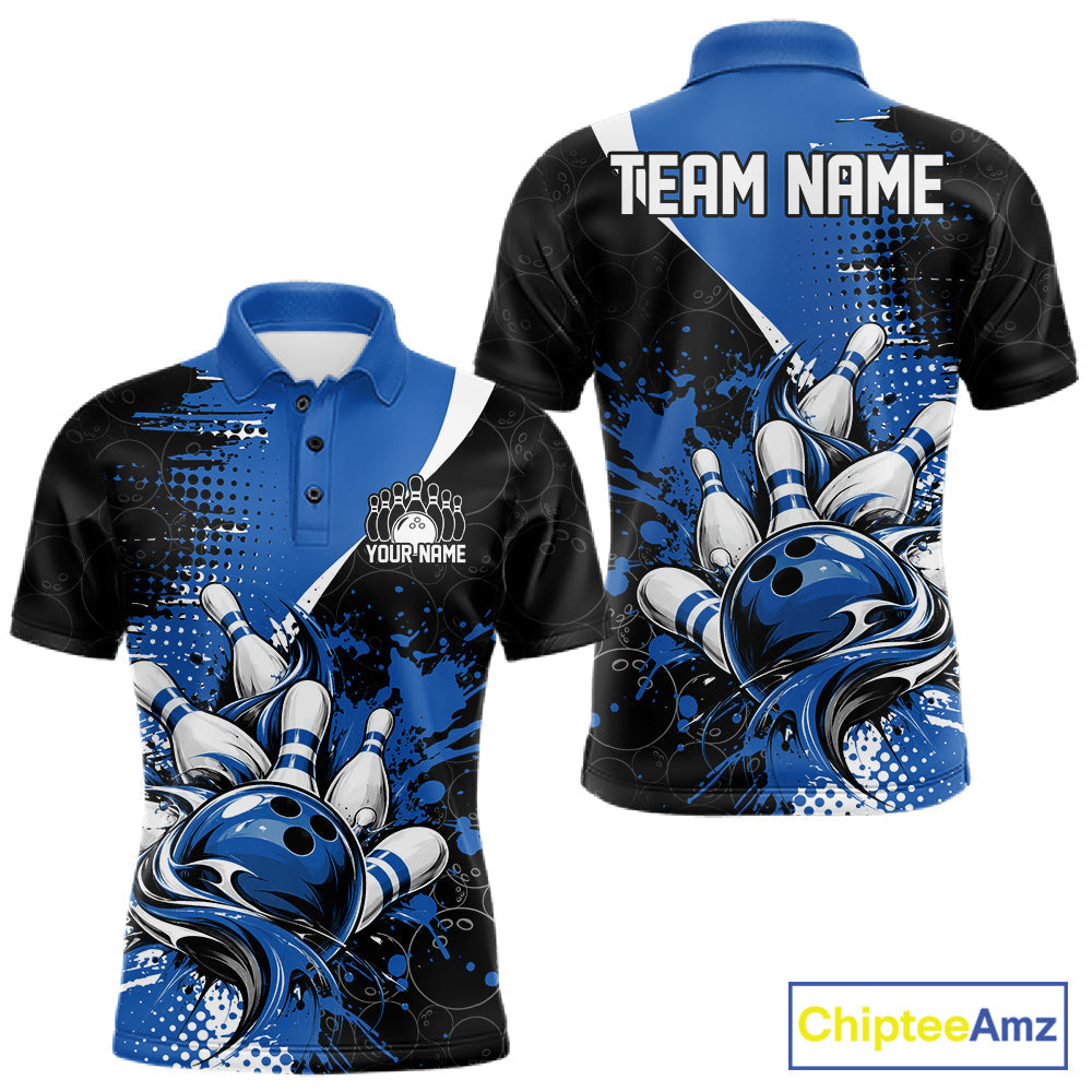 Custom Black And Blue Splatter Bowling Jersey Bowling Tournament Polo Shirt