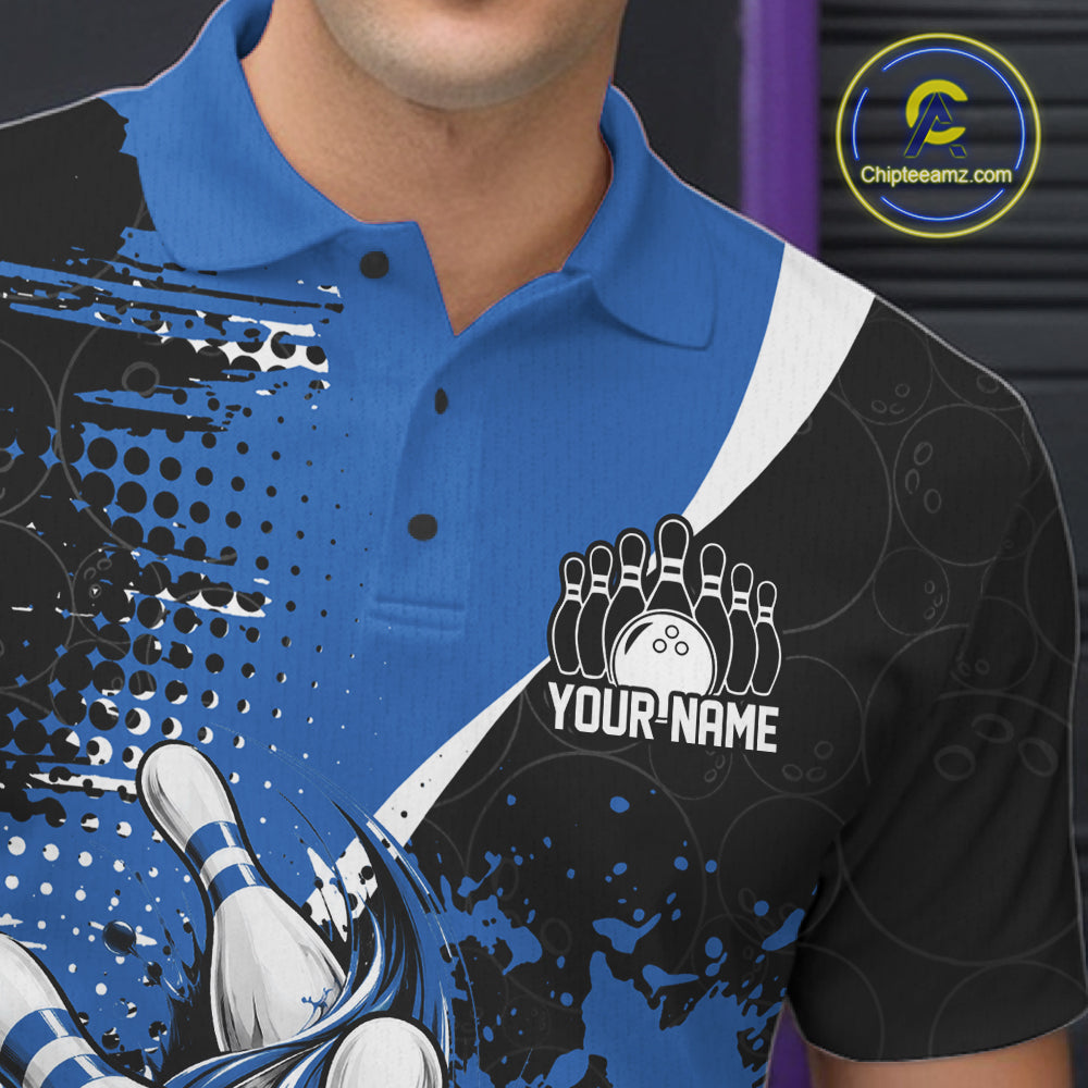 Custom Black And Blue Splatter Bowling Jersey Bowling Tournament Polo Shirt