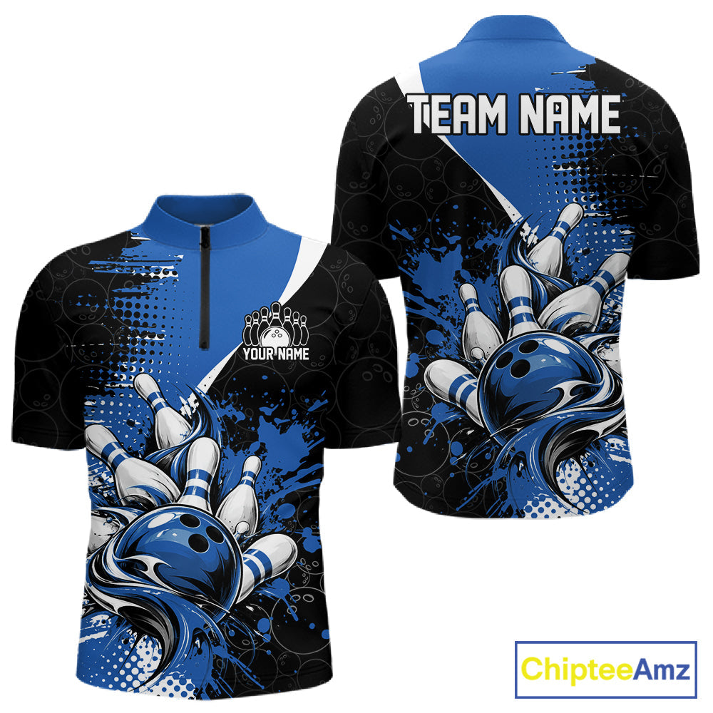 Custom Black And Blue Splatter Bowling Jersey Bowling Tournament Quarter Zip Shirt