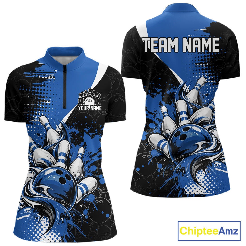 Custom Black And Blue Splatter Bowling Jersey Bowling Tournament Quarter-Zip Shirt