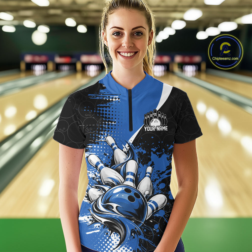 Custom Black And Blue Splatter Bowling Jersey Bowling Tournament Quarter-Zip Shirt
