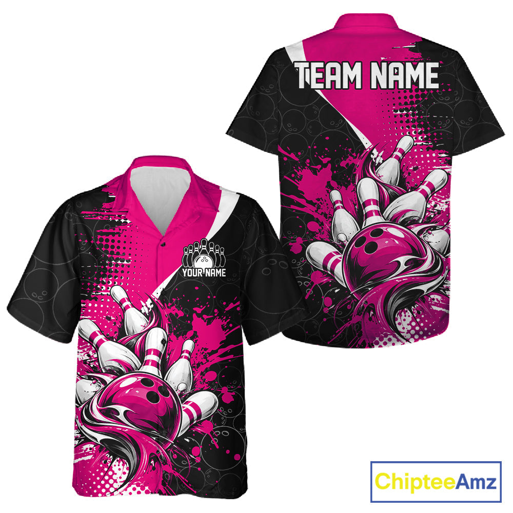 Custom Black And Pink Splatter Bowling Jersey Bowling Tournament And Button Up Shirt