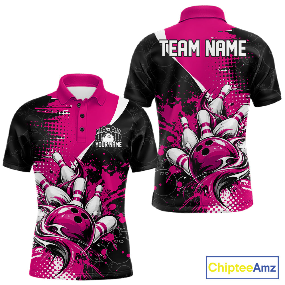 Custom Black And Pink Splatter Bowling Jersey Bowling Tournament Polo Shirt
