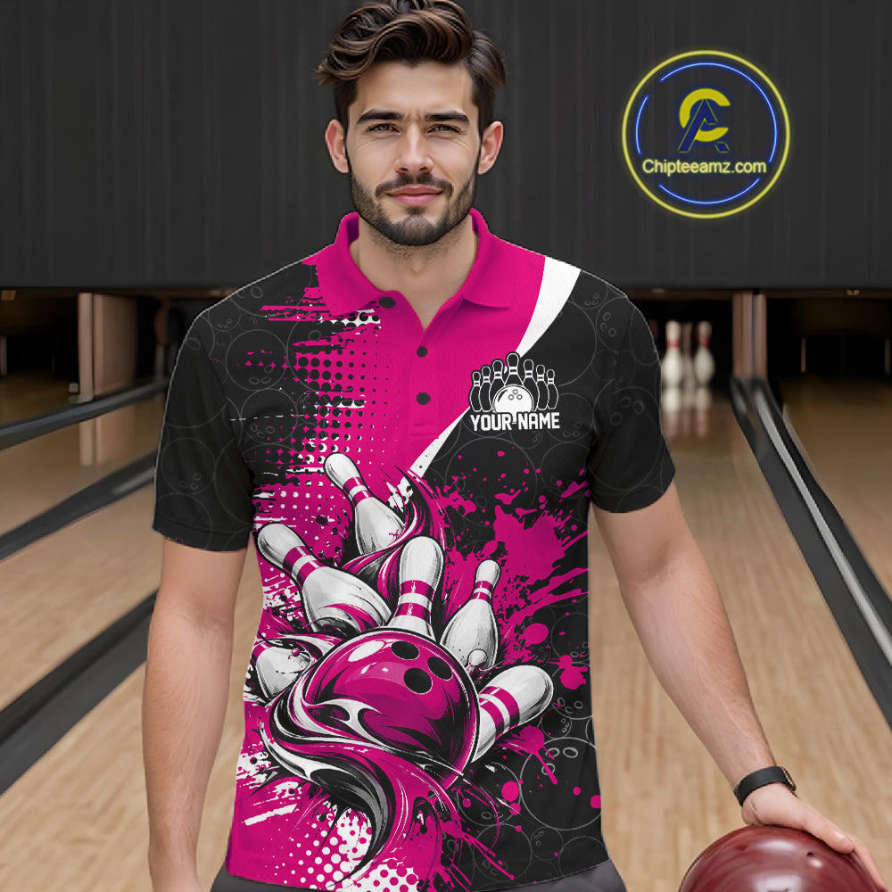 Custom Black And Pink Splatter Bowling Jersey Bowling Tournament Polo Shirt