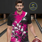 Custom Black And Pink Splatter Bowling Jersey Bowling Tournament Polo Shirt