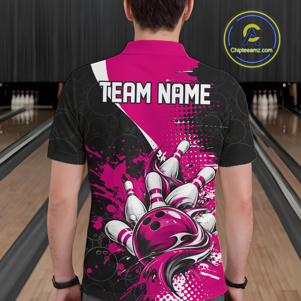 Custom Black And Pink Splatter Bowling Jersey Bowling Tournament Polo Shirt