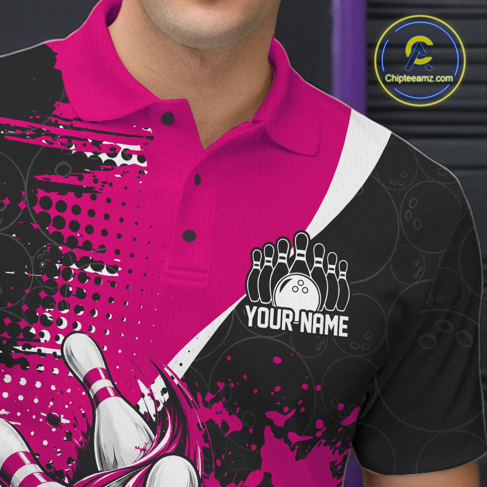 Custom Black And Pink Splatter Bowling Jersey Bowling Tournament Polo Shirt