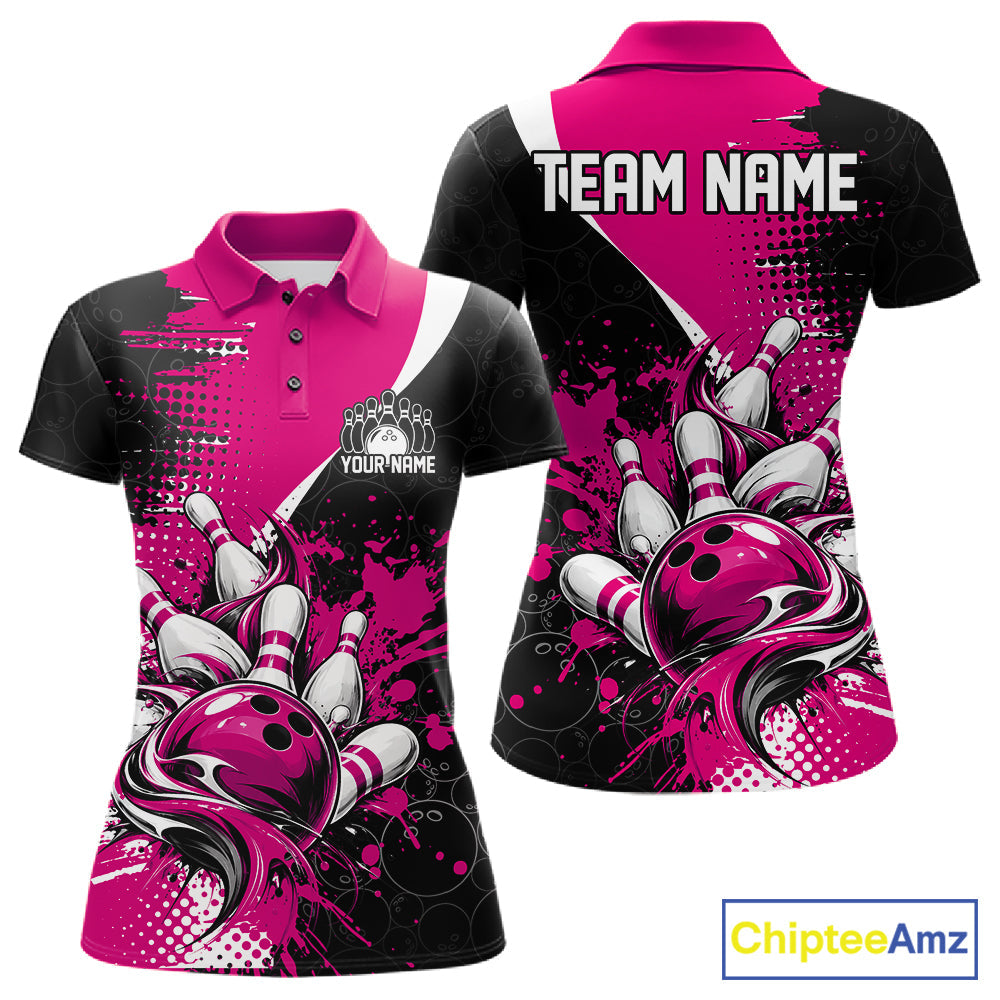 Custom Black And Pink Splatter Bowling Jersey Bowling Tournament Polo Shirt