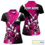 Custom Black And Pink Splatter Bowling Jersey Bowling Tournament Polo Shirt