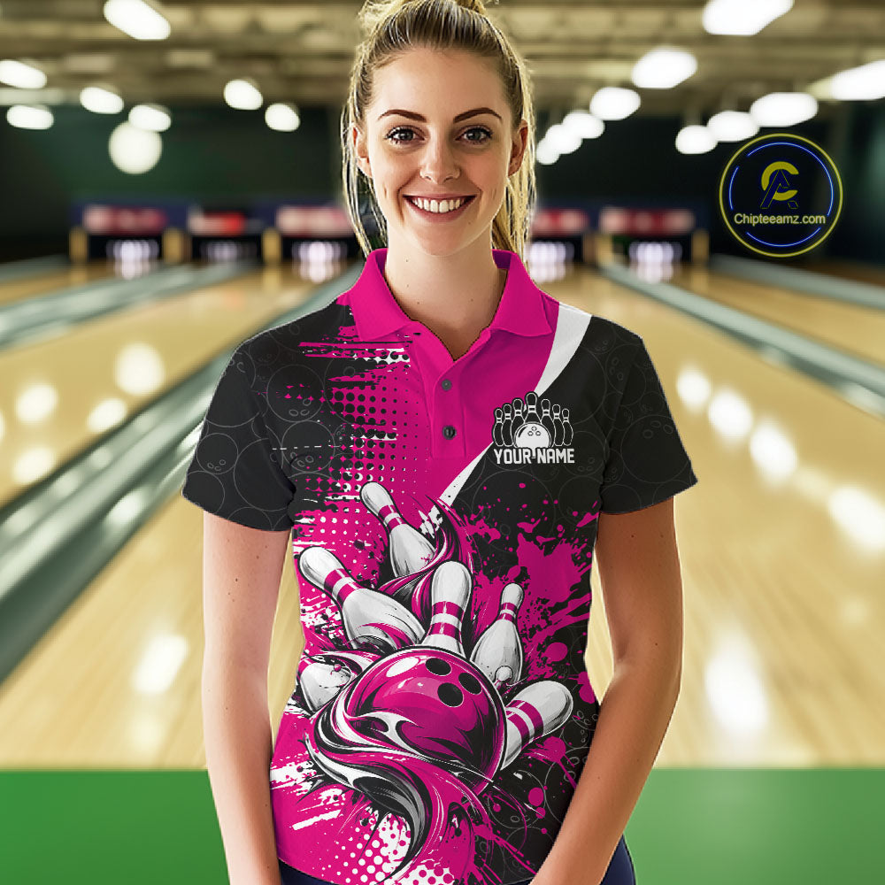 Custom Black And Pink Splatter Bowling Jersey Bowling Tournament Polo Shirt