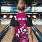 Custom Black And Pink Splatter Bowling Jersey Bowling Tournament Polo Shirt