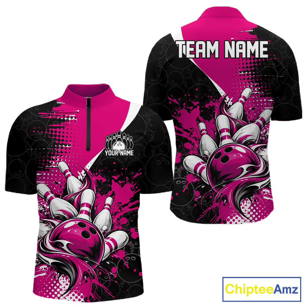 Custom Black And Pink Splatter Bowling Jersey Bowling Tournament Quarter Zip Shirt