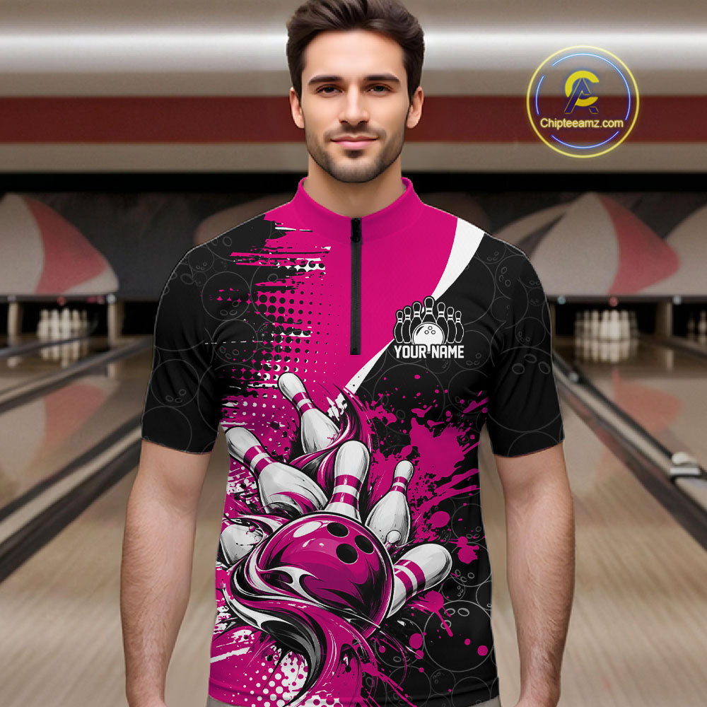 Custom Black And Pink Splatter Bowling Jersey Bowling Tournament Quarter Zip Shirt