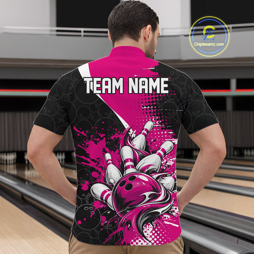 Custom Black And Pink Splatter Bowling Jersey Bowling Tournament Quarter Zip Shirt