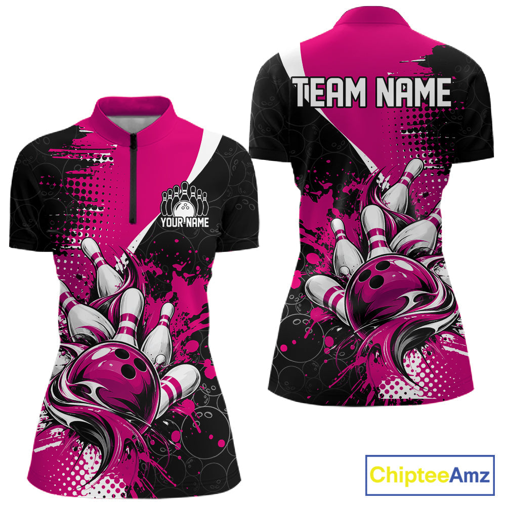 Custom Black And Pink Splatter Bowling Jersey Bowling Tournament Quarter-Zip Shirt