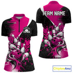 Custom Black And Pink Splatter Bowling Jersey Bowling Tournament Quarter-Zip Shirt