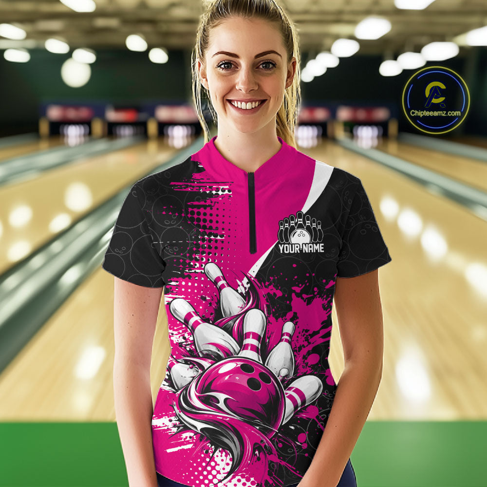 Custom Black And Pink Splatter Bowling Jersey Bowling Tournament Quarter-Zip Shirt