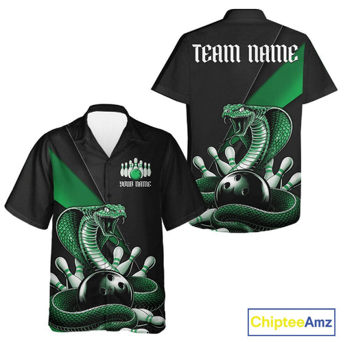 Custom Black And Green Cobra Snake Bowling Team Jerseys, And Bowling Hawaiian Shirts