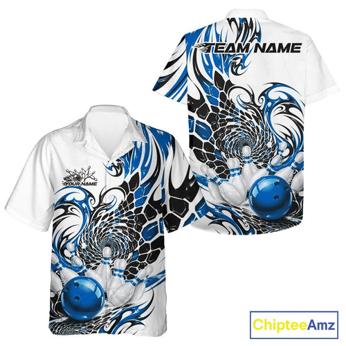 Custom Blue Tribal Flame Bowling And Hawaiian Shirt, Polygonal Bowling Jerseys