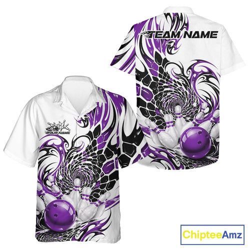Custom Purple Tribal Flame Bowling And Hawaiian Shirt, Polygonal Bowling Jerseys