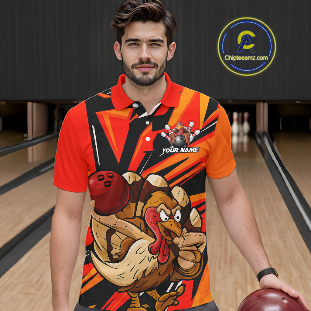 Custom Funny Turkey Bowling Shirts, Orange Thanksgiving Bowling Shirt Team Uniform