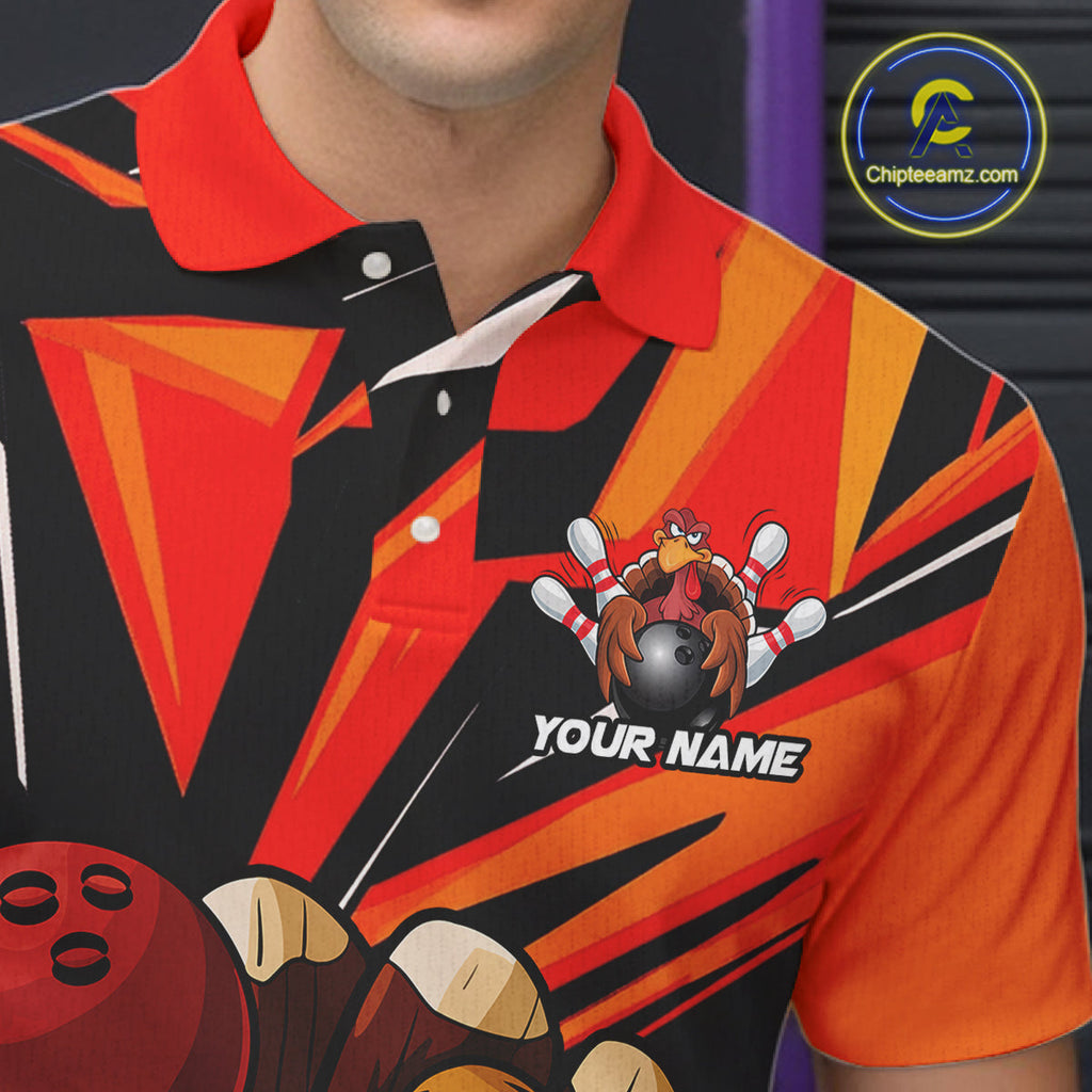 Custom Funny Turkey Bowling Shirts, Orange Thanksgiving Bowling Shirt Team Uniform