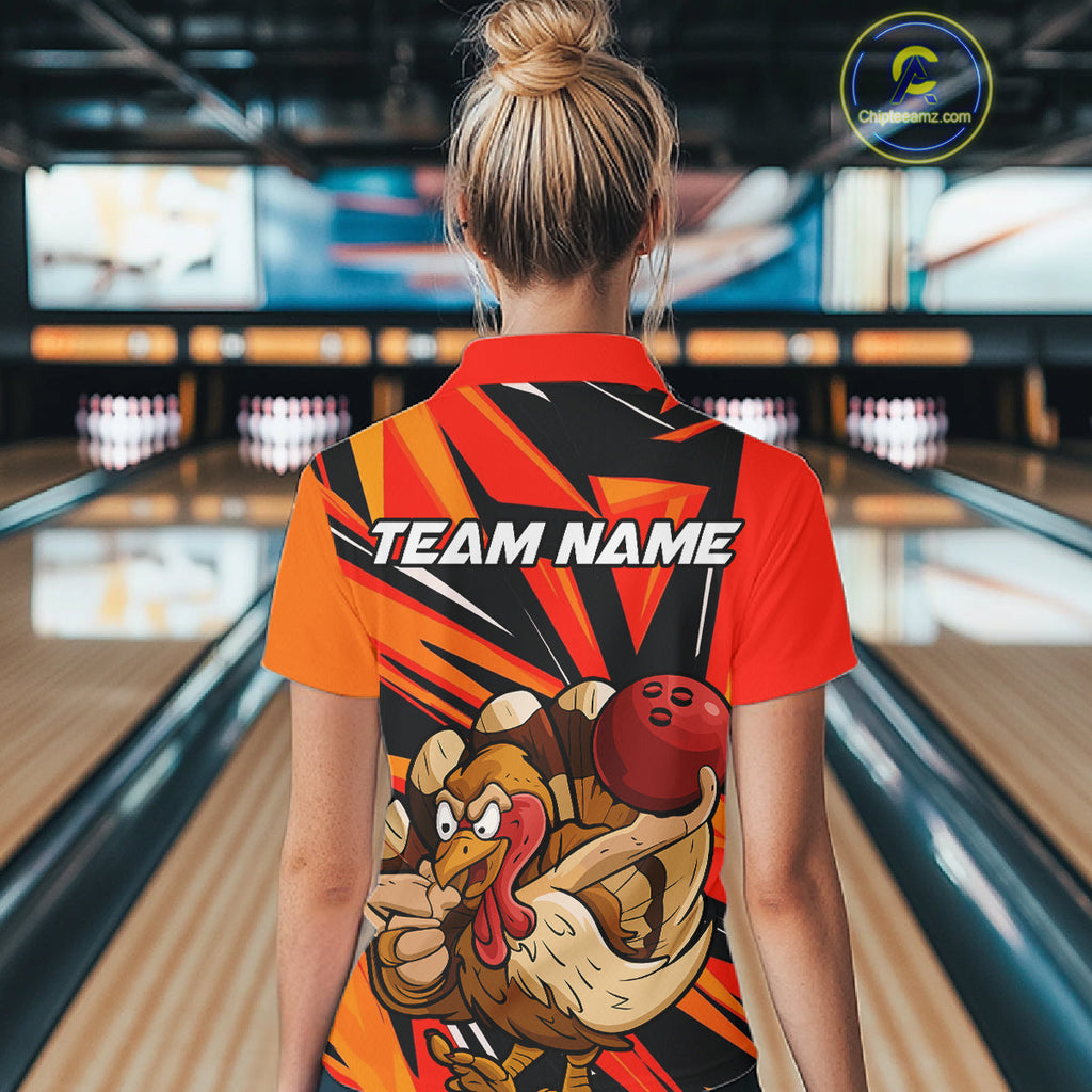 Custom Funny Turkey Bowling Shirts, Orange Thanksgiving Bowling Shirt Team Uniform