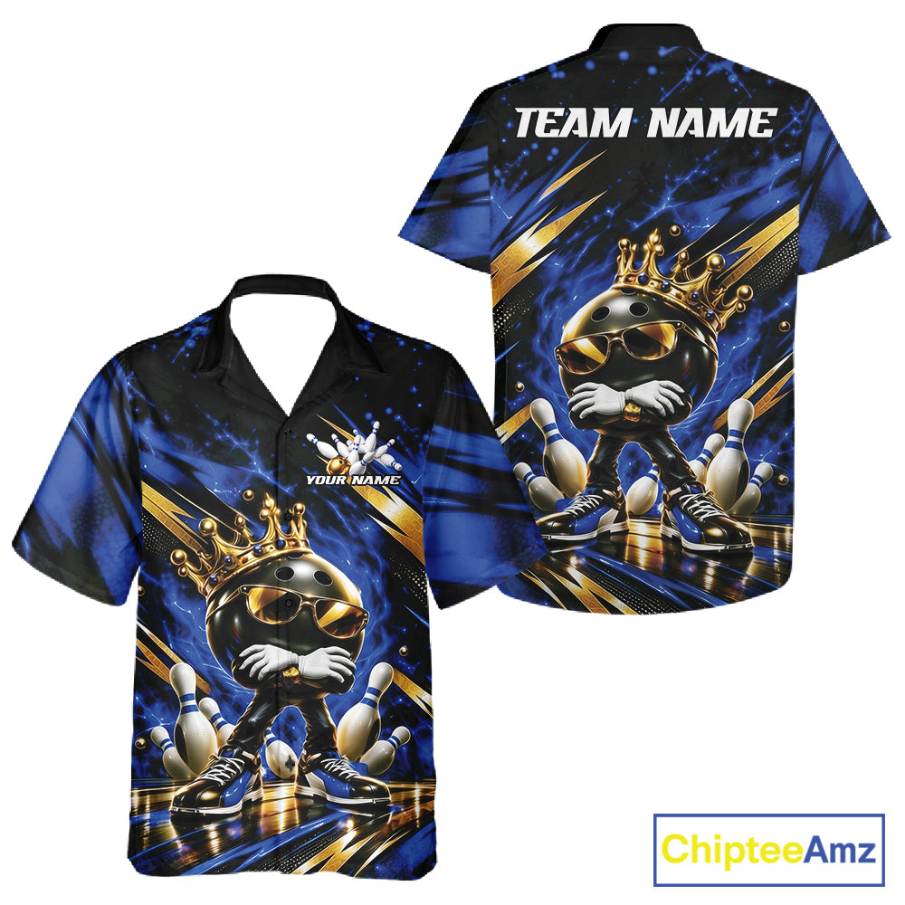 Custom Blue And Gold Funny Awesome Crown Bowling Ball Bowling King And Button Up Team Shirt
