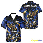 Custom Blue And Gold Funny Awesome Crown Bowling Ball Bowling King And Button Up Team Shirt