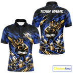 Custom Blue And Gold Funny Awesome Crown Bowling Ball Bowling King Polo Team Shirt
