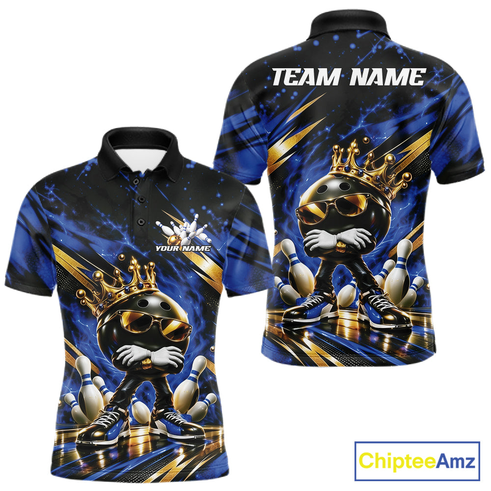 Custom Blue And Gold Funny Awesome Crown Bowling Ball Bowling King Polo Team Shirt