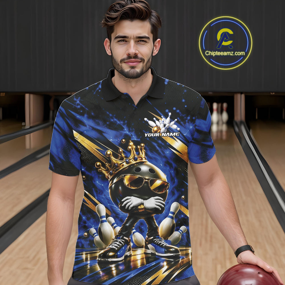 Custom Blue And Gold Funny Awesome Crown Bowling Ball Bowling King Polo Team Shirt