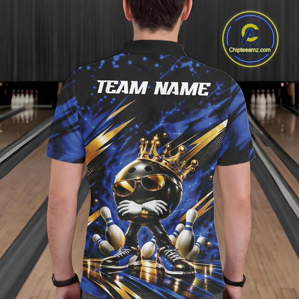 Custom Blue And Gold Funny Awesome Crown Bowling Ball Bowling King Polo Team Shirt