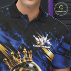 Custom Blue And Gold Funny Awesome Crown Bowling Ball Bowling King Polo Team Shirt