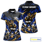 Custom Blue And Gold Funny Awesome Crown Bowling Ball Bowling Queen Polo Team Shirt