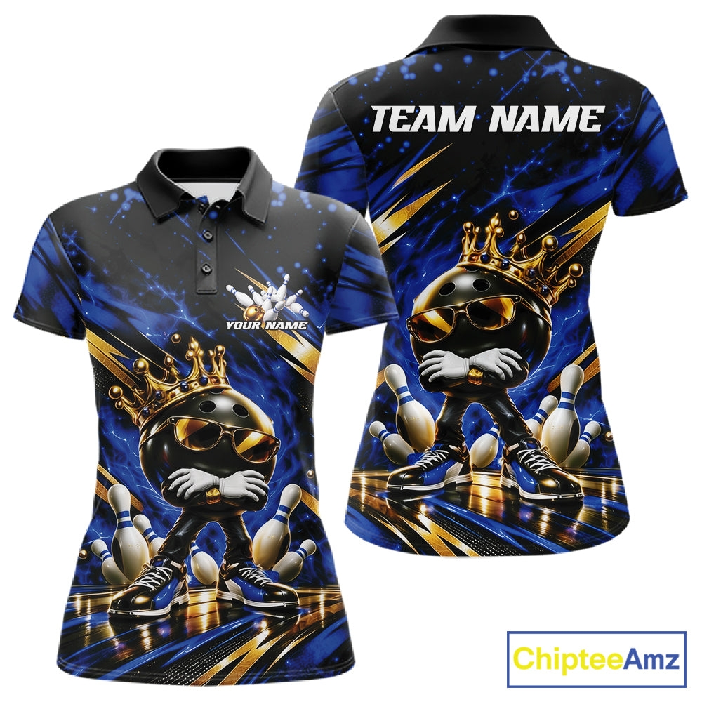 Custom Blue And Gold Funny Awesome Crown Bowling Ball Bowling Queen Polo Team Shirt