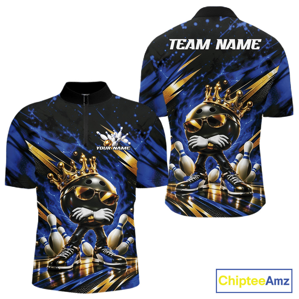 Custom Blue And Gold Funny Awesome Crown Bowling Ball Bowling King Quarter Zip Team Shirt