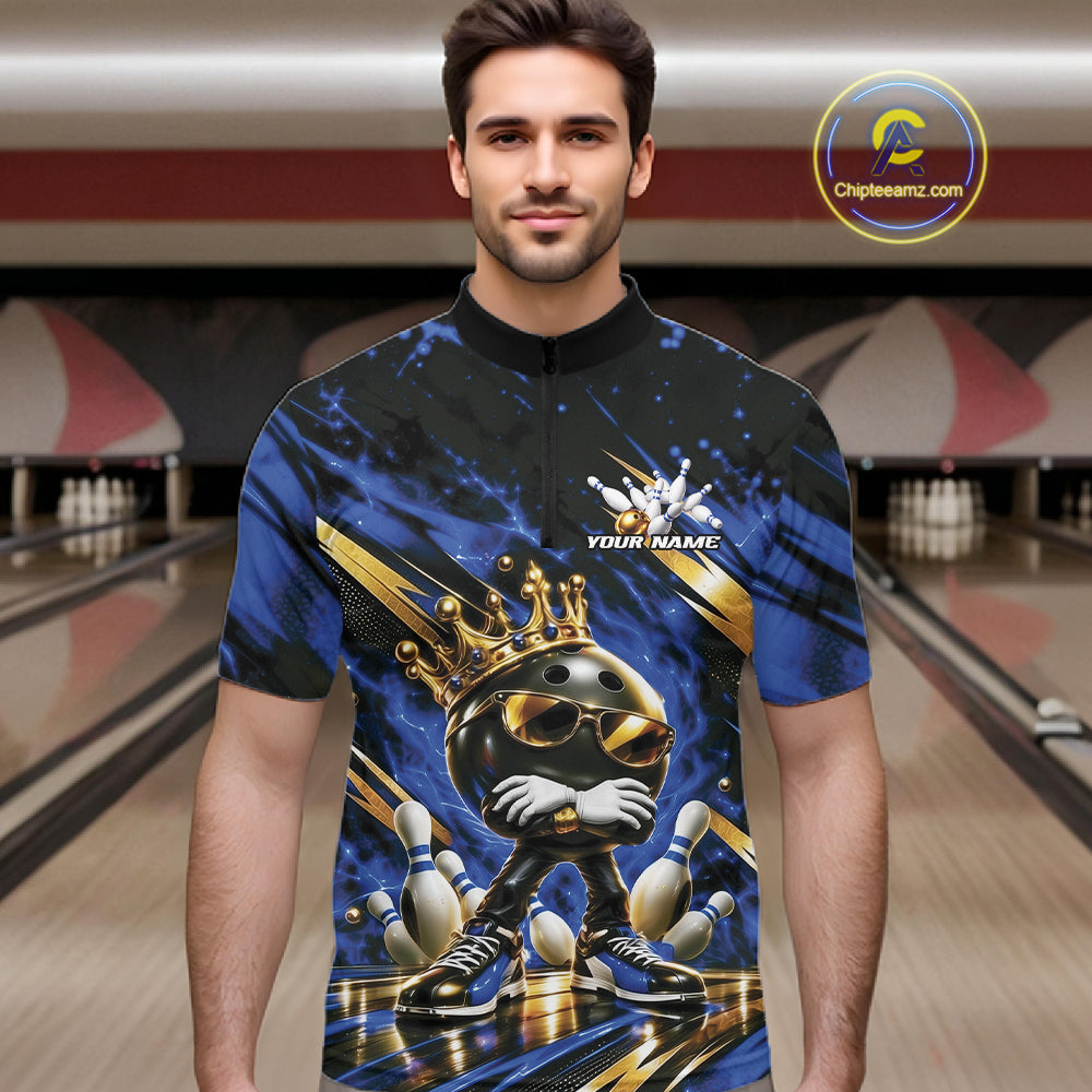 Custom Blue And Gold Funny Awesome Crown Bowling Ball Bowling King Quarter Zip Team Shirt