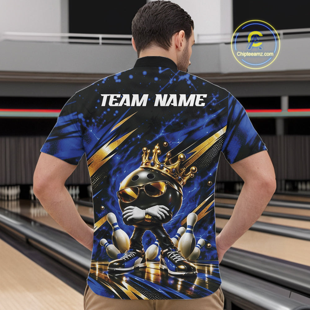 Custom Blue And Gold Funny Awesome Crown Bowling Ball Bowling King Quarter Zip Team Shirt