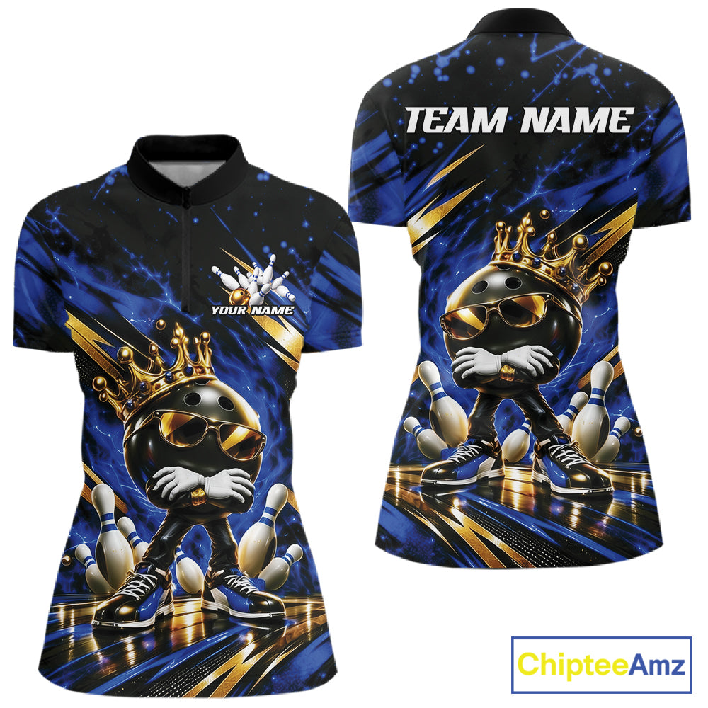 Custom Blue And Gold Funny Awesome Crown Bowling Queen Quarter-Zip Team Shirt