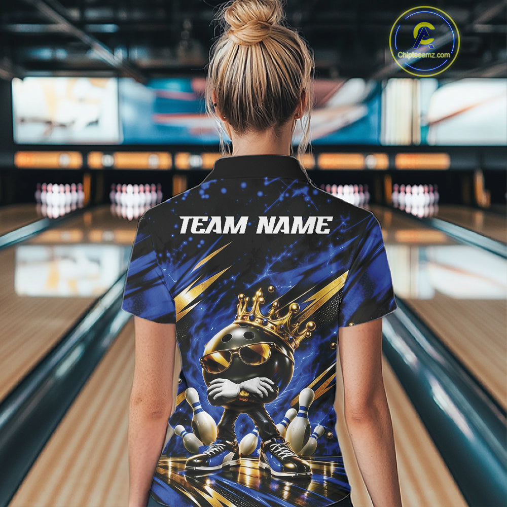 Custom Blue And Gold Funny Awesome Crown Bowling Queen Quarter-Zip Team Shirt