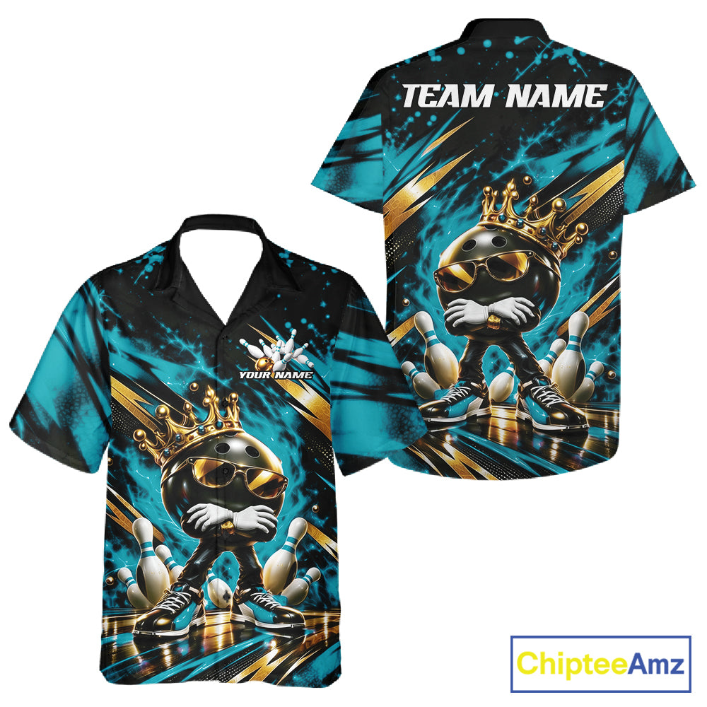 Custom Turquoise Blue Funny Awesome Crown Bowling Ball Bowling King And Button Up Team Shirt