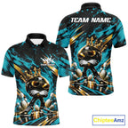 Custom Turquoise Blue Funny Awesome Crown Bowling Ball Bowling King Polo Team Shirt